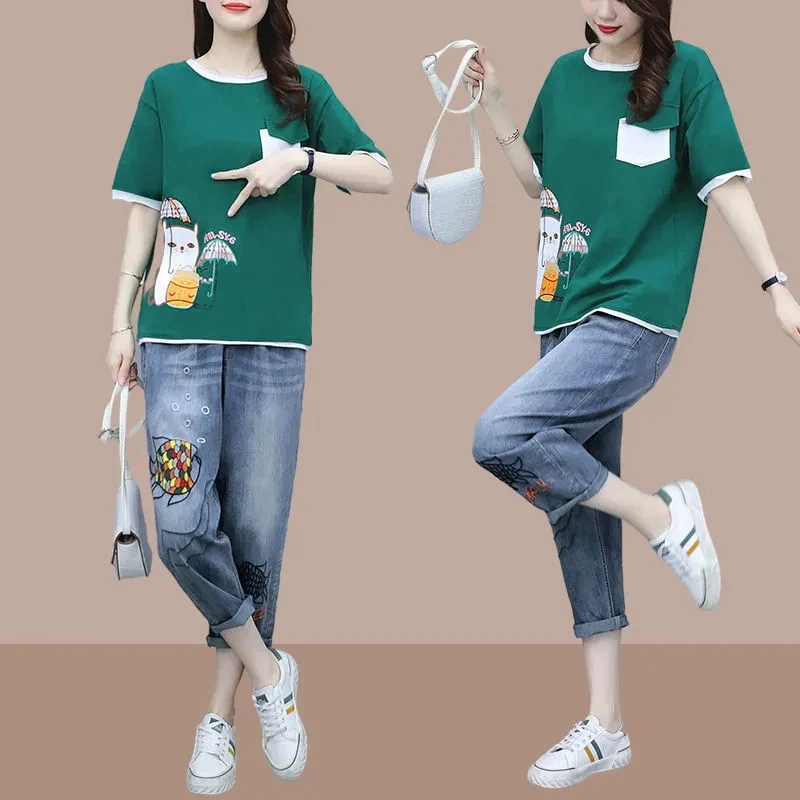 Jeans Suit Women's Pants Two Piece Set Spring Summer Female Short-sleeved T-shirt+Elastic Waist Jeans Outfit Lady Loose 4XL 2PCS