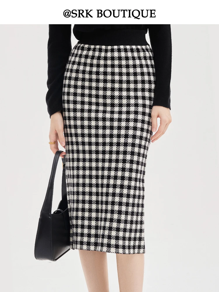 SRK Preto Branco Tweed Malha A-Line Midi Saia Fena Outono Inverno Elástico Cintura Alta Bodycon Saia Commute Estilo Simples