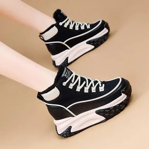 Top quality 7CM Genuine Leather Women Chunky Sneakers Ethnic Fashion Spring Ladies Platform Wedge Flats Autumn Ankle Boots Shoes