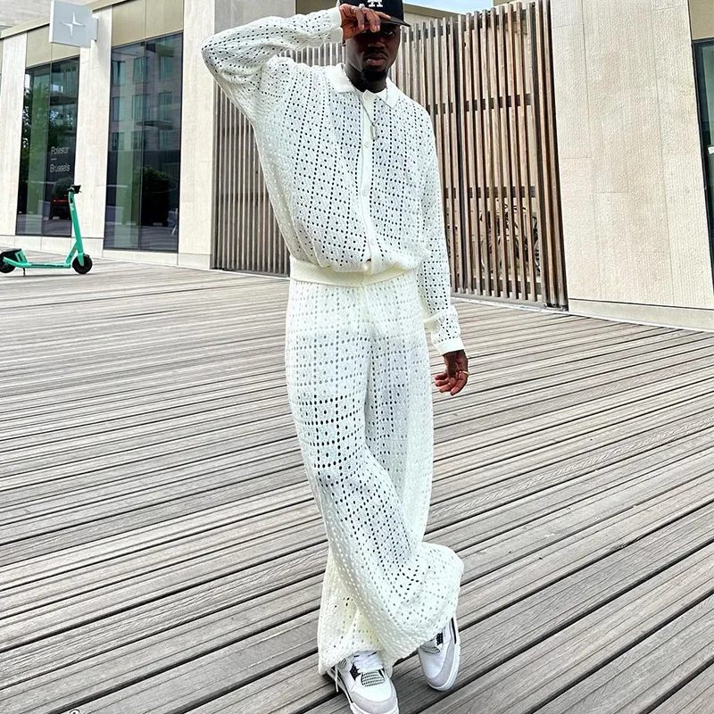 Openwork lace costume for men, long sleeve shirt, casual full pants, plain color, matching summer costume for men