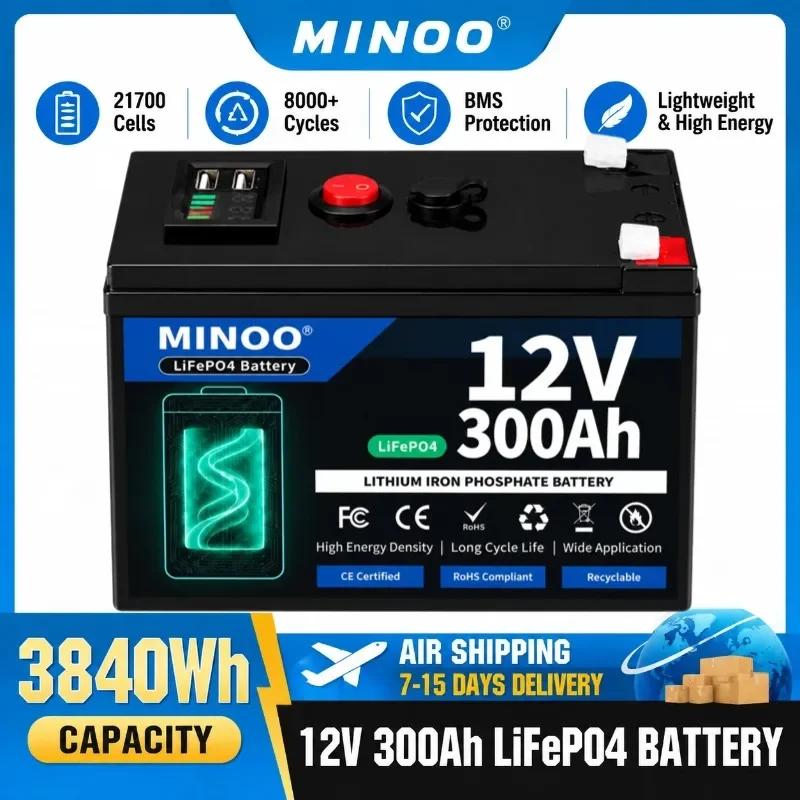 12V Lithium Battery 300Ah LiFePO4 6000+ Deep Cycles Built-in BMS,5-Year Lifetime,for UPS, Kayak Fish Finder, Solar Panel,Radio