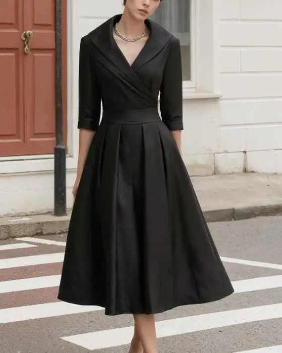 

Autumn Winter Women's Dress New Hepburn Style Waist Cinching and Swinging Dress Thick Satin High-End Feeling Slimming Suit Skirt