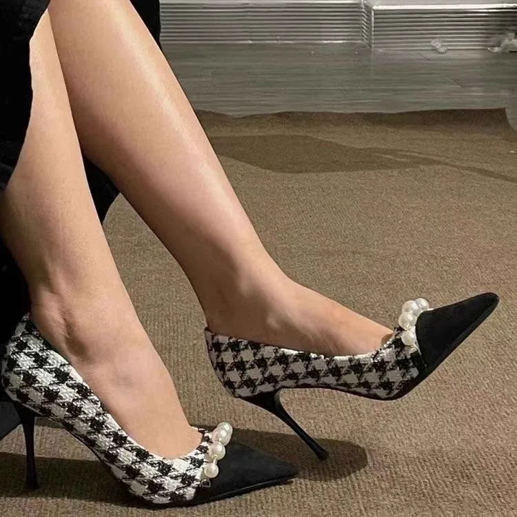 New Women High Heels Dress Houndstooth Pumps Black Toe Costume Tweed Boat Pearls Designer Dress Work Shoes