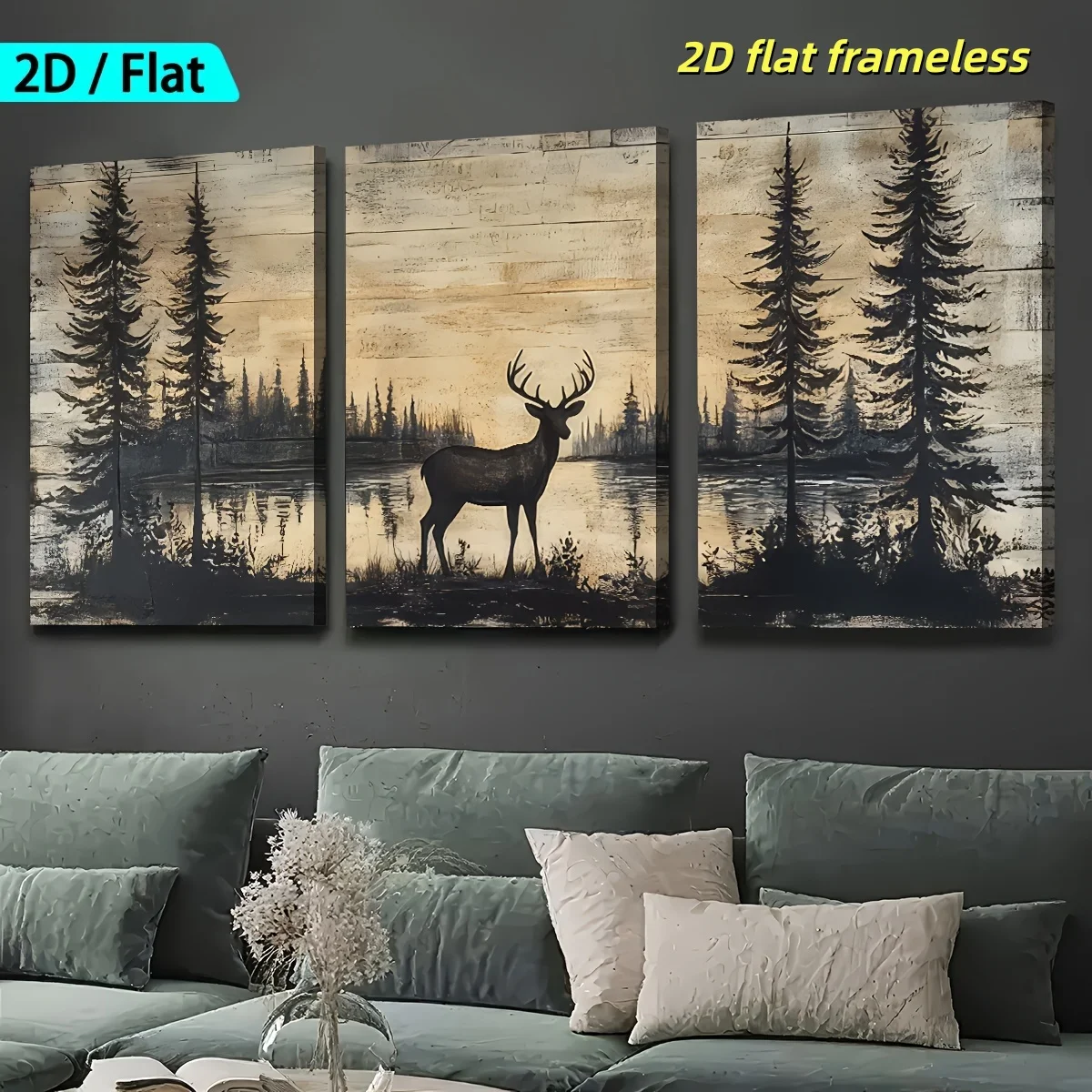 3 Retro Abstrakte Waldhirsch Tier Kunst Leinwand Poster, Moderne Wohnzimmer-, Schlafzimmer-, Esszimmer-, Bürodekoration 2D Flachdruck