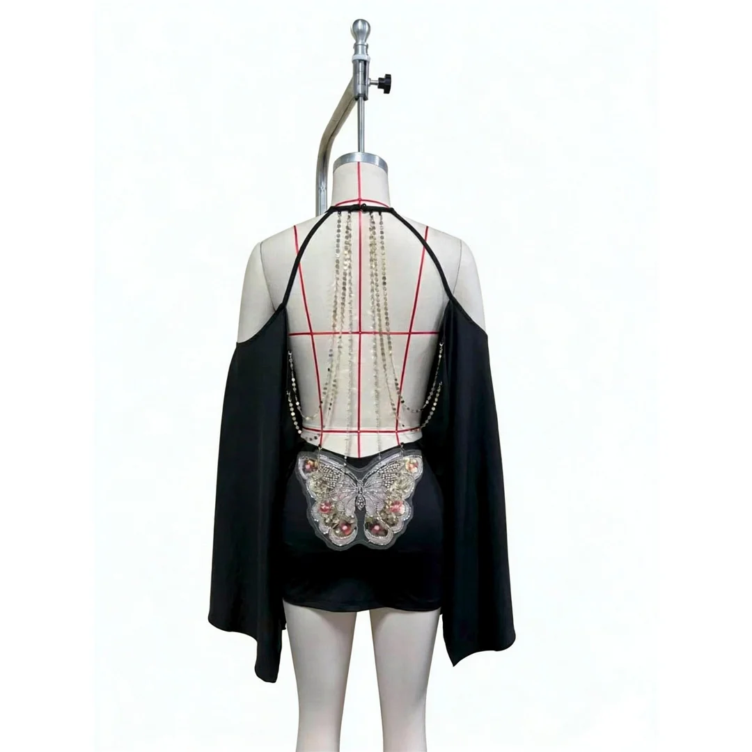 Rückenfreie, mit Schmetterlingen bedruckte, gehäkelte Tunika, Strandkleid, Strandmode, Damen V8449 – Detail 9