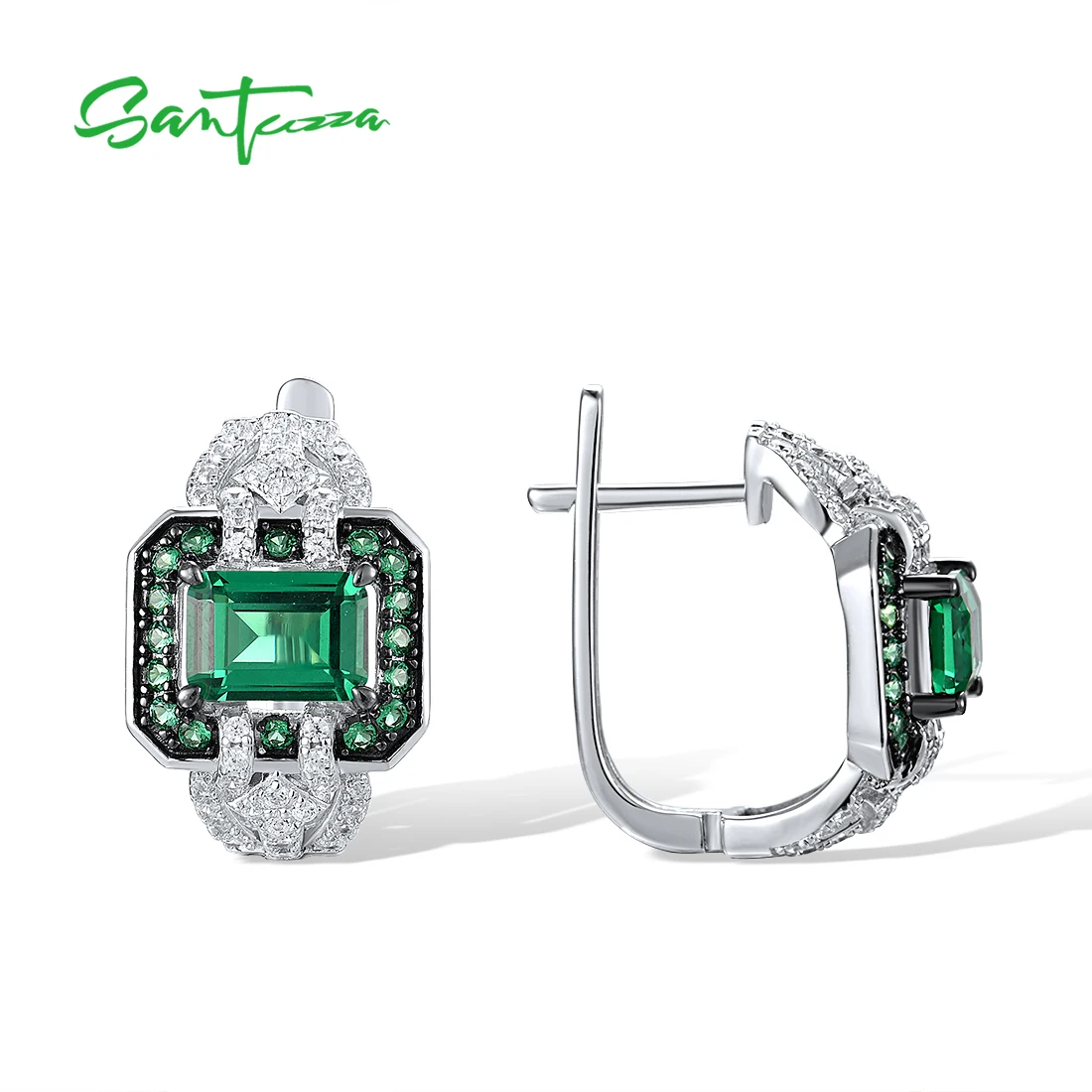 SANTUZZA Pure 925 Sterling Silver Earrings For Women Sparkling Green Spinel White Cubic Zirconia Earrings Elegant Fine Jewelry