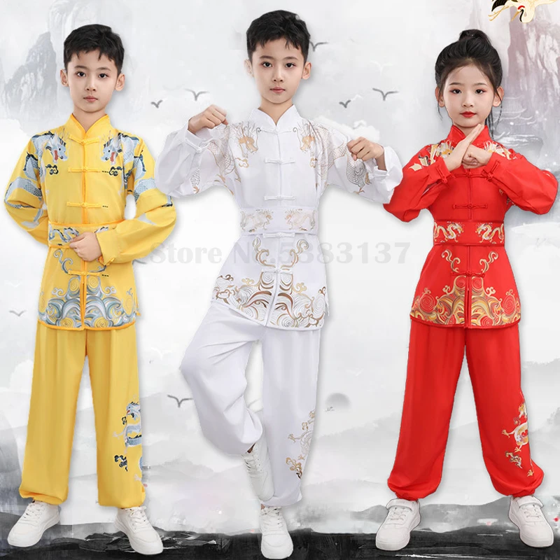 

Children Long Sleeved Pants Kung Fu Tai Chi Clothes Chinese Traditional Dragon Print Vintage Martial Arts Wushu Shaolin Costume