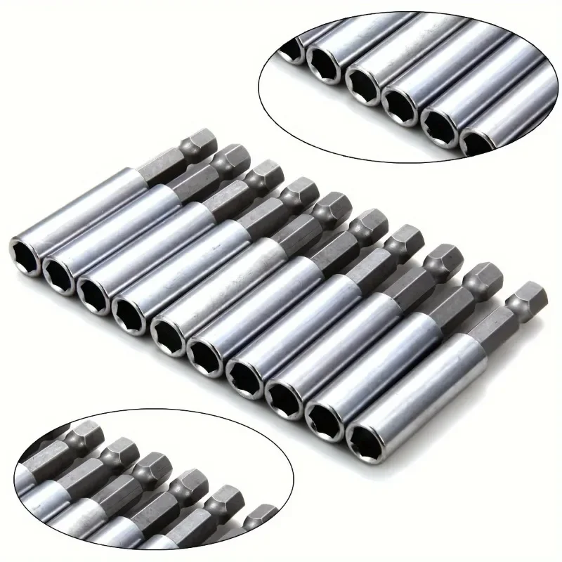 ZEXEF 10pcs 60mm Magnetic Screwdriver Extension Bit Tips Holder 1/4in Hexagon Shank Set Drill Bit Adapter Silver Color