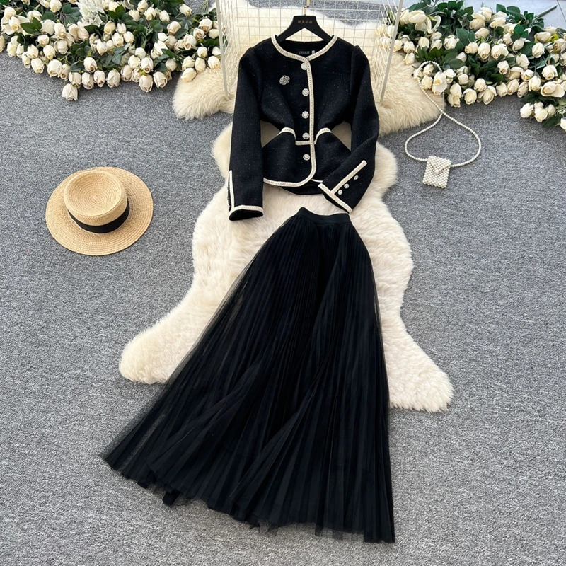 

Xiaoxiangfeng Set Women's Autumn French High-End Round Neck Waist Suit Jacket Mesh Pleated Skirt Two-Piece Set