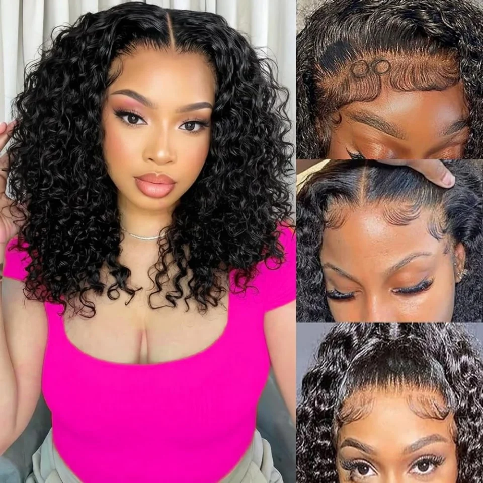 Water Wave Bob Wig Human Hair 200 Density 13x4 HD Lace Frontal Water Wave Wigs for Women Short Bob Wig Human Hair Glueless Wear and Go Pre Plucked Water Wave Lace Wigs Natural Black