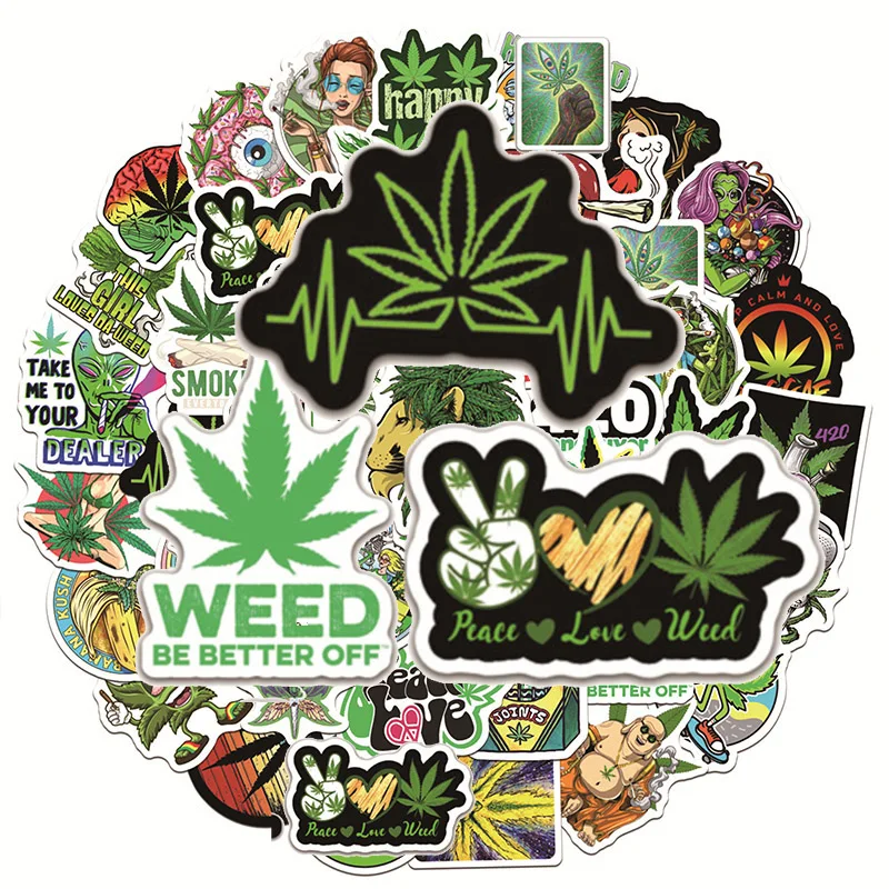 50PCS Weed Marijuana Leaves Plant Vinyl Stickers Decal For Bottles Waterproof Laptop Skateboard Computer Car Bike Teens Adults