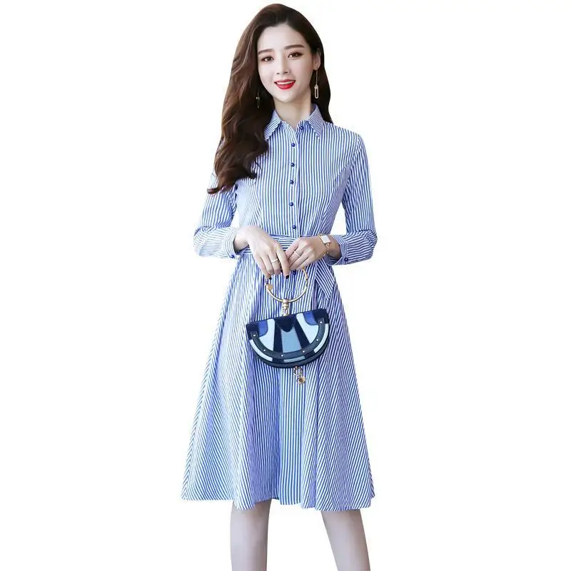 

Long sleeved dress women's wear new retro waist reduction aging temperament slim striped shirt dress