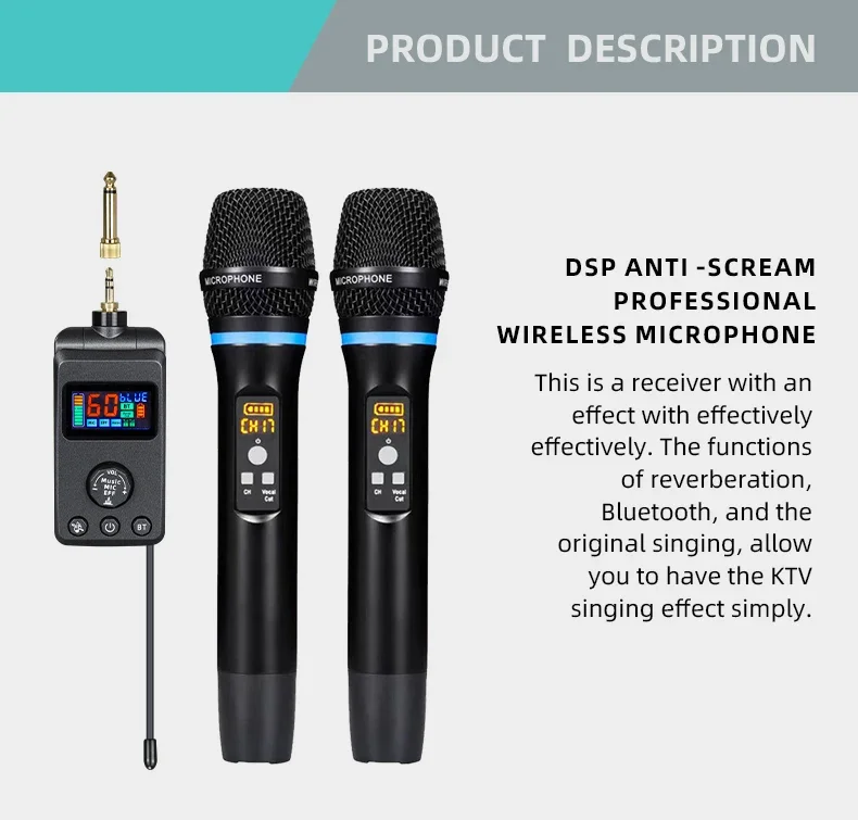 902HOT M50 UHF Dual Wireless Handheld Microphones for Stage Karaoke Dynamic Microphone System with Rechargeable Receiver Plug Pl