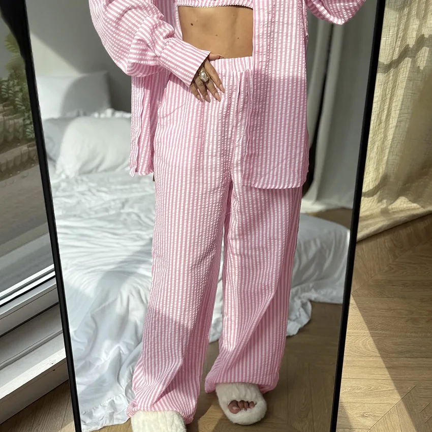Spring 2026 New Contrasting Stripes Three-piece Pajamas Loungewear Can Be Worn Outside