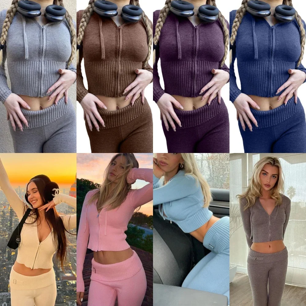 Knitted 2 Piece Sets Women Tracksuit Long Sleeve Zipper Hooded Sweater Crop Top Flare Pants Stretch Matching Suit Outfit