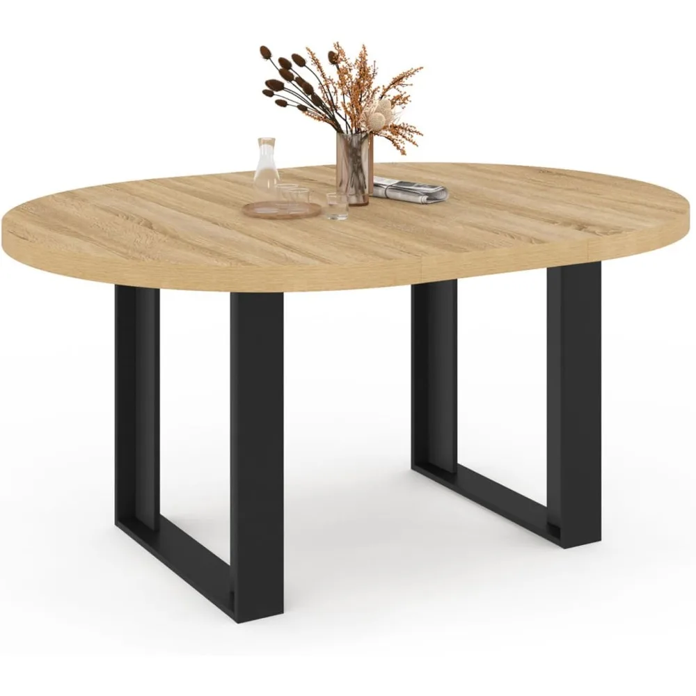 Mesa de comedor extensible redonda (6-8 personas, madera y negro, 120-160 cm)