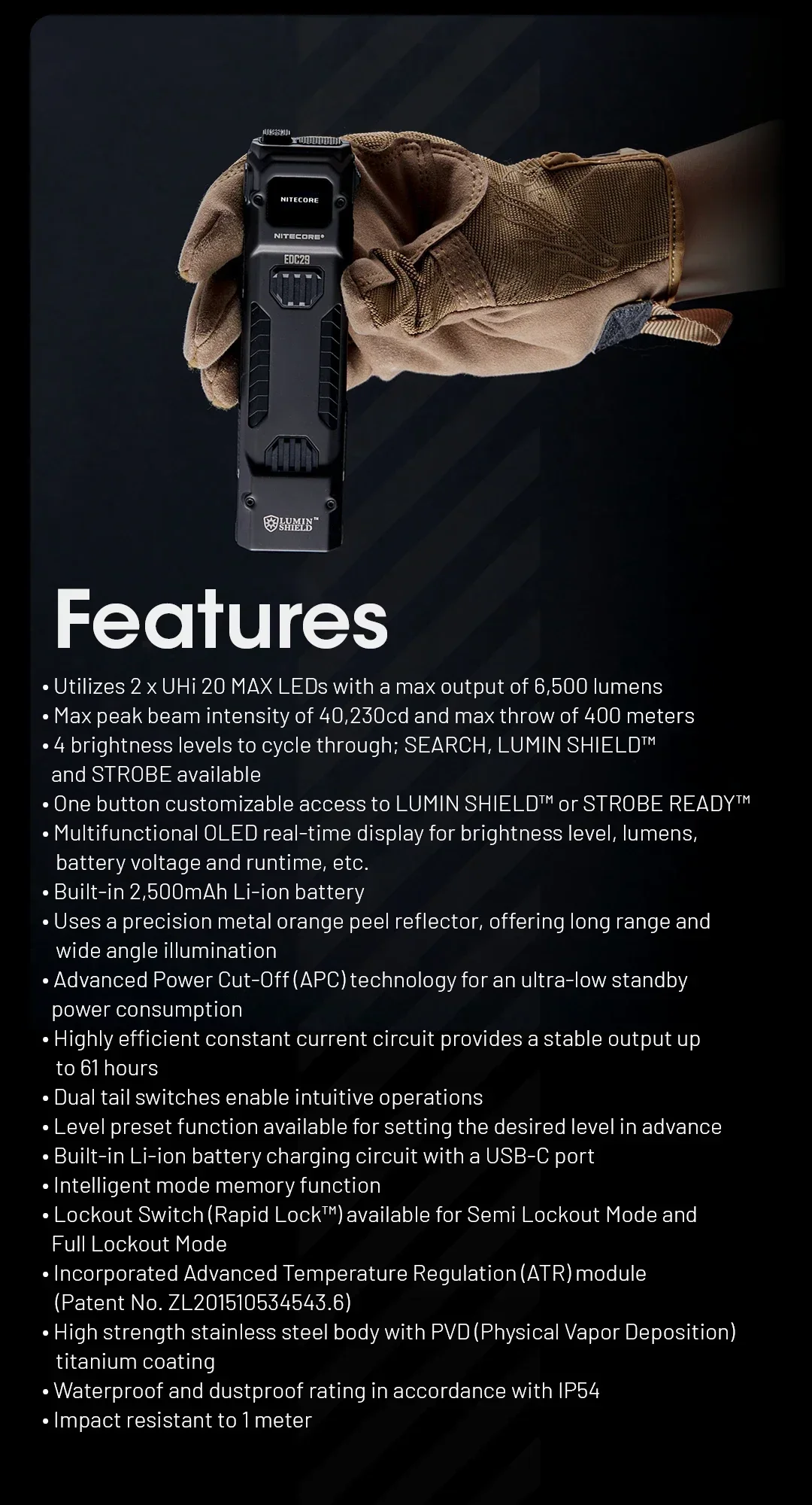 NITECORE EDC29 Ultra Slim EDC Flashlight UHi20 6500LMS Wear Resistant Anti Rechargeable Tactical Torch For Camping Emergency