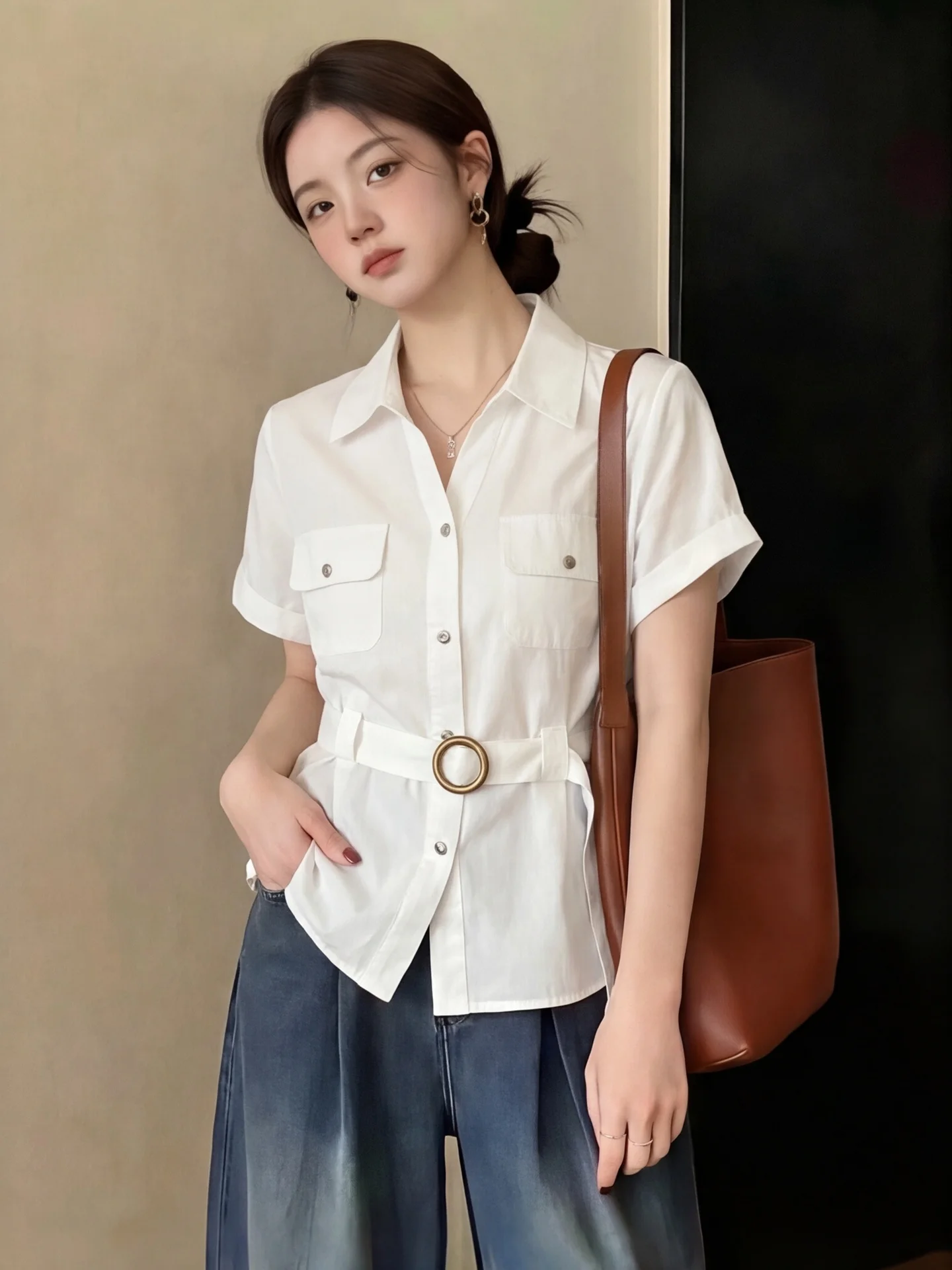 

Women's Summer Shirt Pocket Detail Waist-Cinching Short Sleeve Fashionable Commute Style Small-Budget Top for Long Skirts