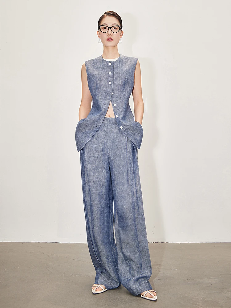 [EAM] Blue Linen Elegant Vest Wide Leg Pants Two Piece Suit New Round Neck Sleeveless Women Fashion Spring Summer 2024  1DH6536