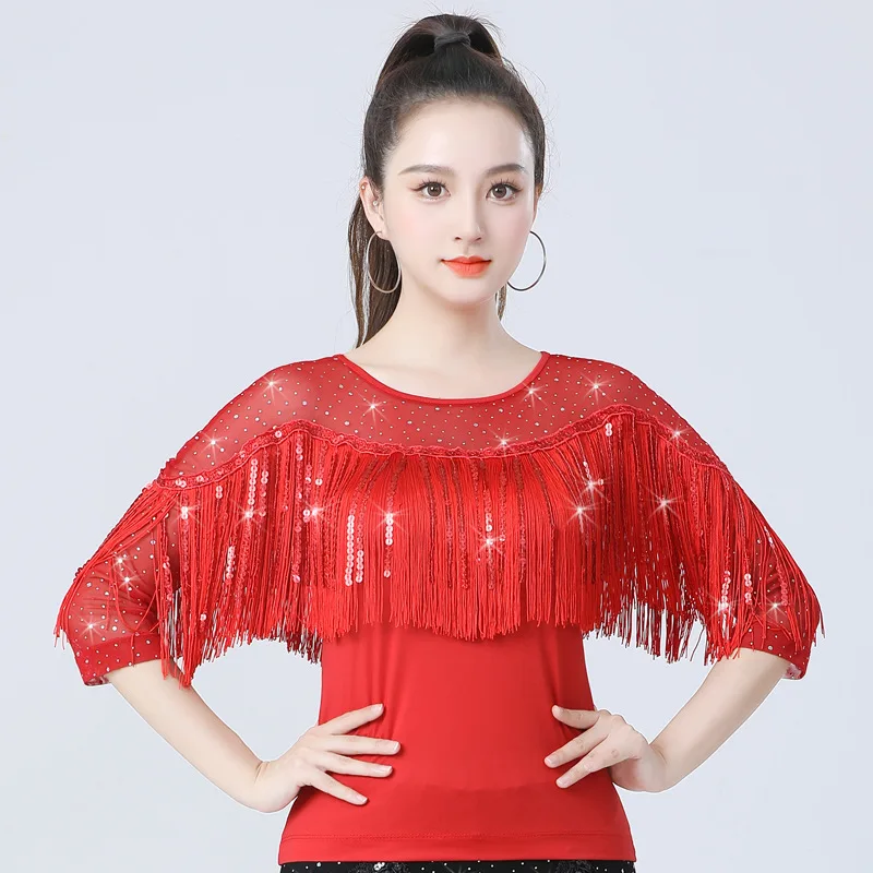 여성용 성인 라틴 스타일 재즈 모던 댄스 의상 탑 볼룸 댄스 스팽글 태슬 공연 의상 레이브 의상