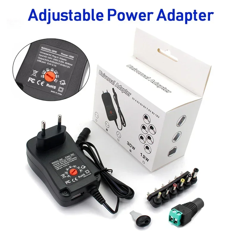 30W Universal Adjustable Power Supply Adapter Charger 3V 4.5V 5V 6V 7.5V 9V 12V 2A AC/DC Regulating Adapter for LED Light Strip