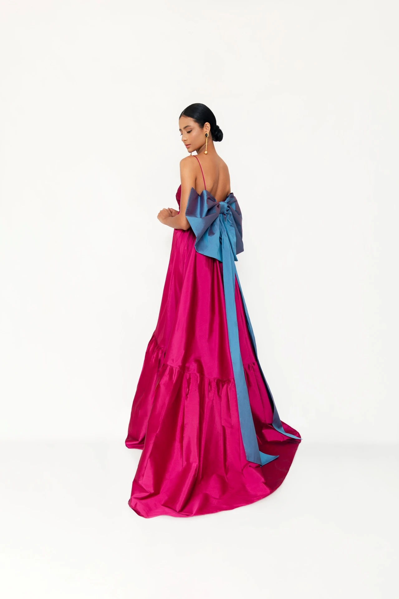 Beautiful Fuchsia Loose Satin Long Women Formal Dresses With Cute Oversize Bow Back Modest Maxi Gowns