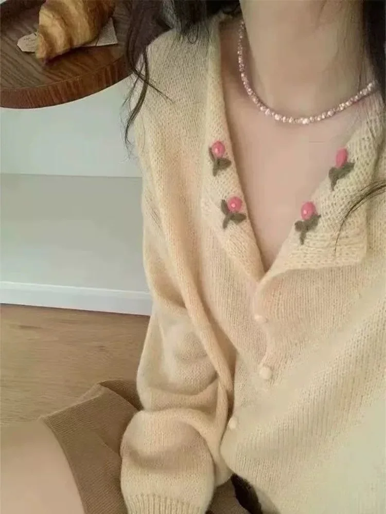 Dopne ing Yellow Flower Long Sve Knitted Open Cardigan Women's Early Autumn Aosphere Top Large Size Casual Wear