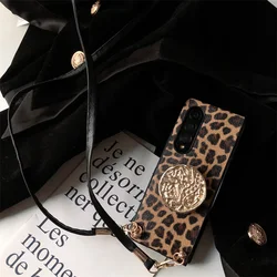 Luxury Fashion Leopard Print Leather Phone Case For Samsung Galaxy Z Fold 7 6 5 4 3 2 5G Crossbody Long Strap Gold Bracket Cover