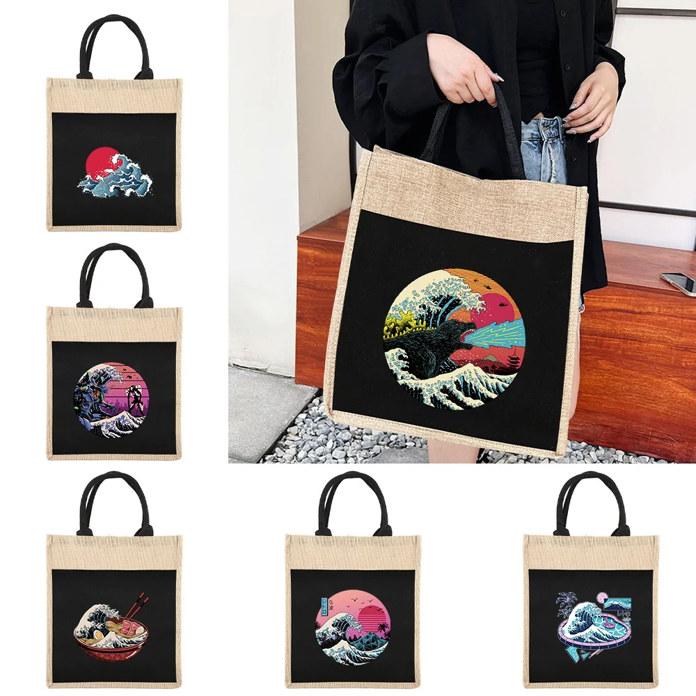 

Shopper Bags Reusable Linen Shopping Bags Women's Tote Grocery Shopping Bag Wave Series Convenient Picnic Bag Supermarket