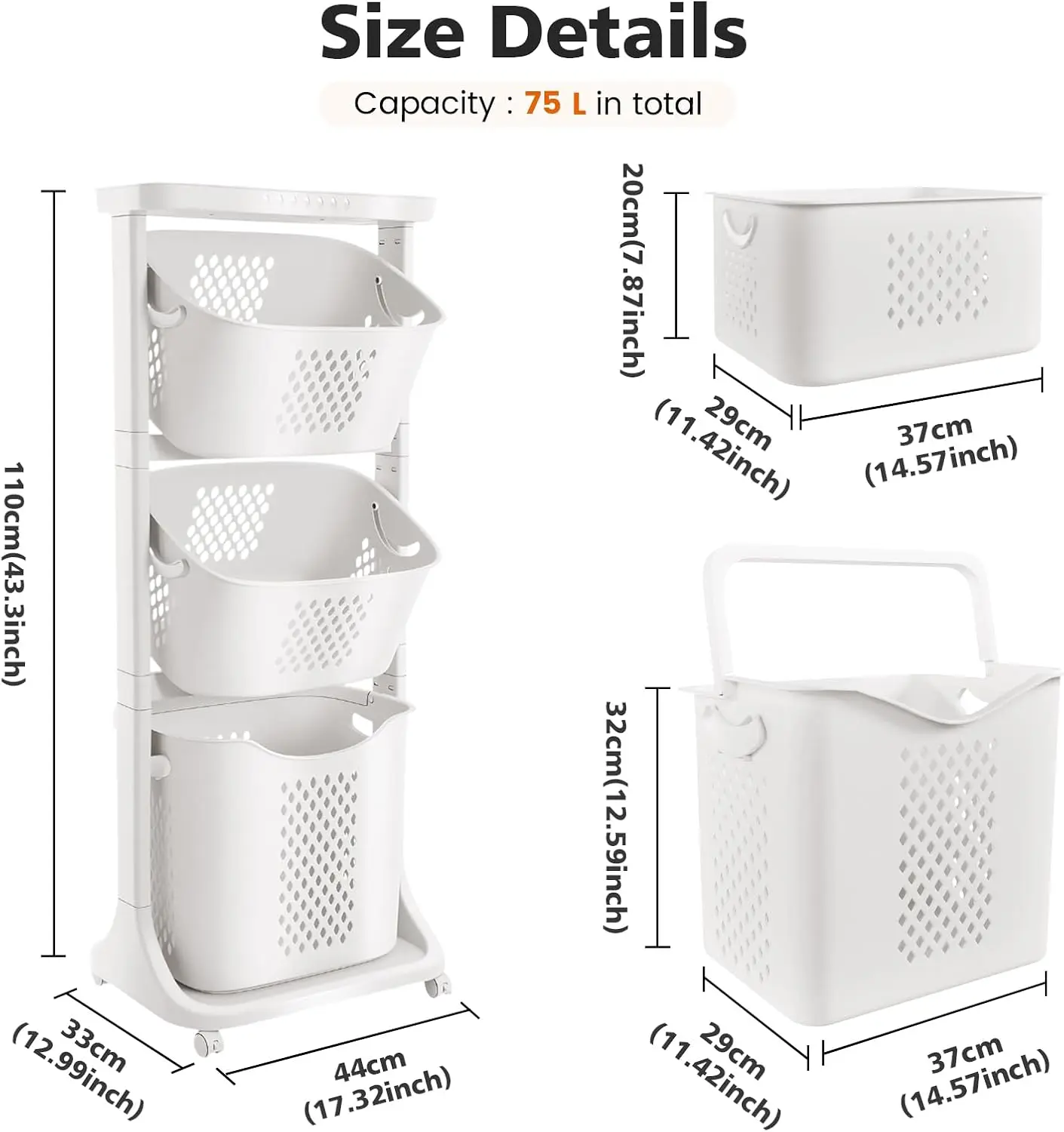 Rolling Laundry Hamper Cart with Wheels, 3 Tier Laundry Baskets | Stackable laundry Basket, Vertical Laundry Sorter for Kitchens, Bathrooms, Bedrooms, Classrooms, Laundry Rooms