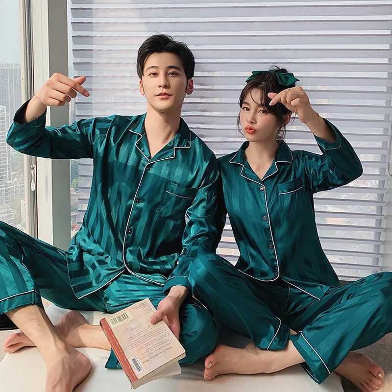 Solid Color Stripe Sleepwear Premium Silk Satin Pajamas Couple Long Button-Down Pyjamas Suit Women Men Loungewear Pijama Pj Set