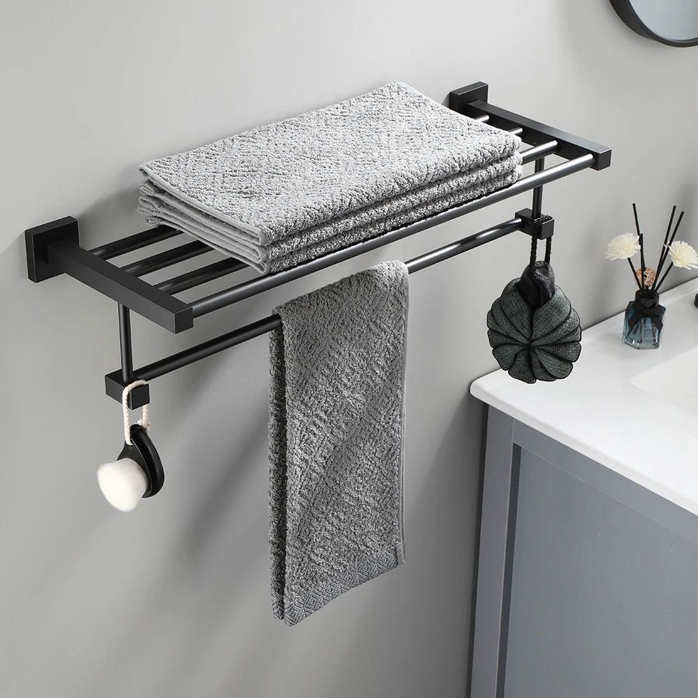 

40-60 CM Towel Rack Folding Holder Matte Black Shelf Wall Mount Shower Hanger With Hook Bathroom Accessories Towel Rack