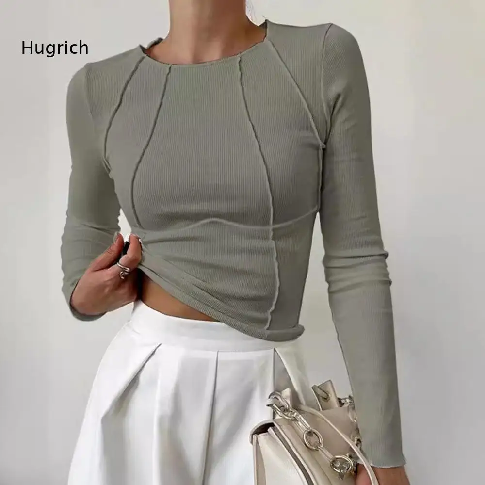 Women Round Neck Long Sleeve Ribbed Knit Top Exposed Seam Detail Slim Fitted Cropped Blouse Soft Stretchy Casual Tee For Street