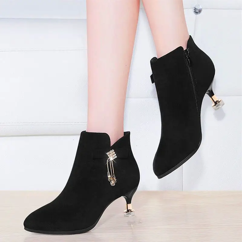 

Woman Short Shoes Black Rhinestone Lightweight On Offer Booties Trend 2025 Goth Designer Luxury New In Pu Ankle Boots for Women