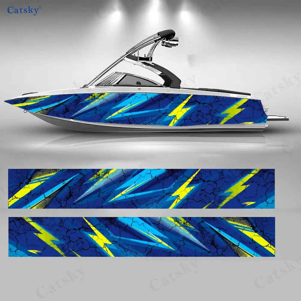 Cyber Blue & Yellow Boat Stickers, PVC Waterproof Durable Vinyl Wrap Decals for Fishing Boats, Durable and Stylish Design