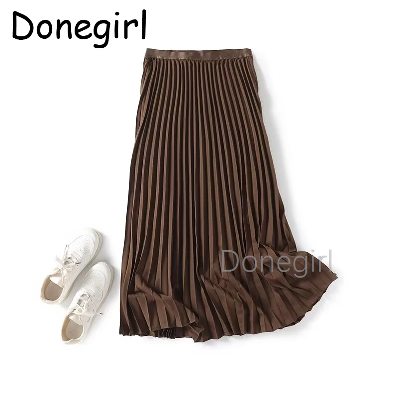 Donegirl Women Autumn Solid Elastic High Waisted Long Skirt Ladies Vintage All-match Streetwear A-line Midi Skirts