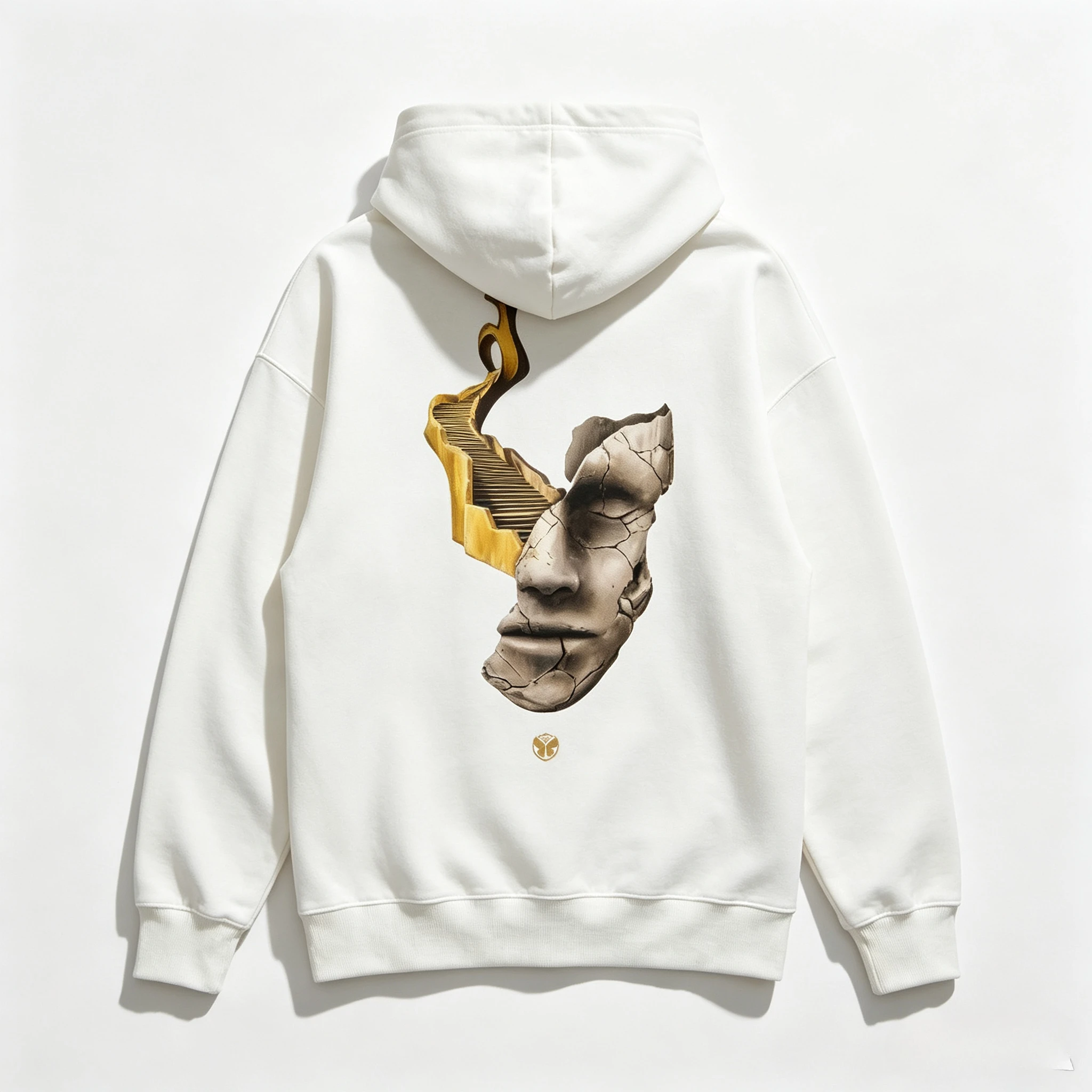 2026 Tomorrowland Consciencia Hoodie mit Rissiger Skulptur-Gesichts- und Goldener Treppen-Rückseitendruck, Unisex Oversized Hoodie EDM – Detail 3