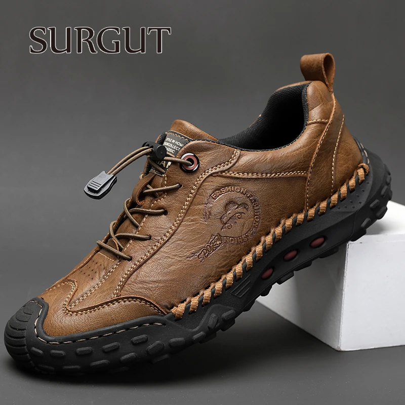 SURGUT Fashion Leather Men Casual Shoes Handmade Breathable Cowhide Man Board Shoes Breathable Soft Working shoes