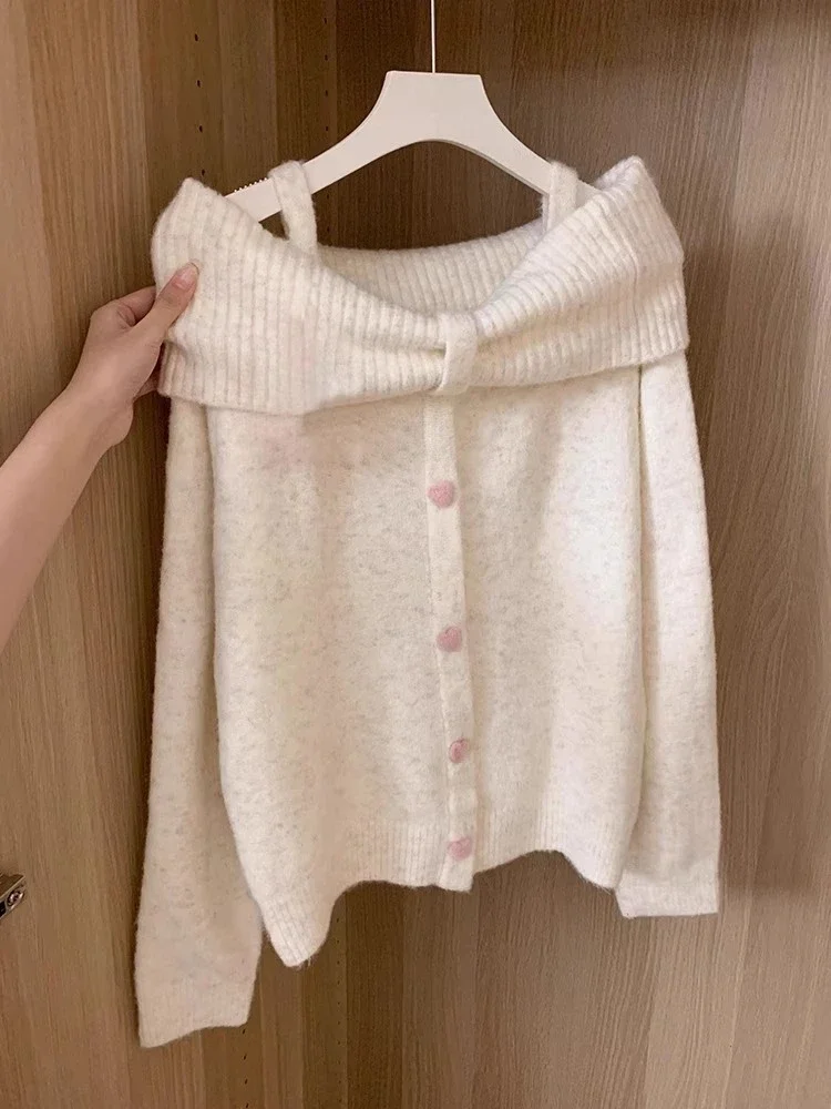 

Harajuku Slash Neck Solid Sweaters Grunge Vintage Women Sweet Loose Pullovers Off Shoulder Y2k Aesthetic Knitted Button Jumper