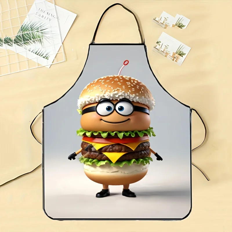 Cute Cartoon Hamburger Chef Kitchen Apron - Funny Food Character Graphic Linen Bib for Men Women Cooking Baking Party Gift Decor