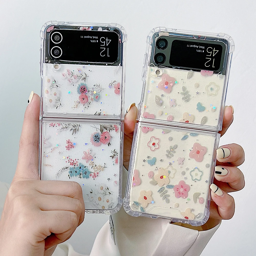 

For Samsung Z Flip 3 4 5 6 Case Luxury Sequin Flower Phone Case For Galaxy Z Flip3 ZFlip4 5G Soft TPU Shockproof Back Cover