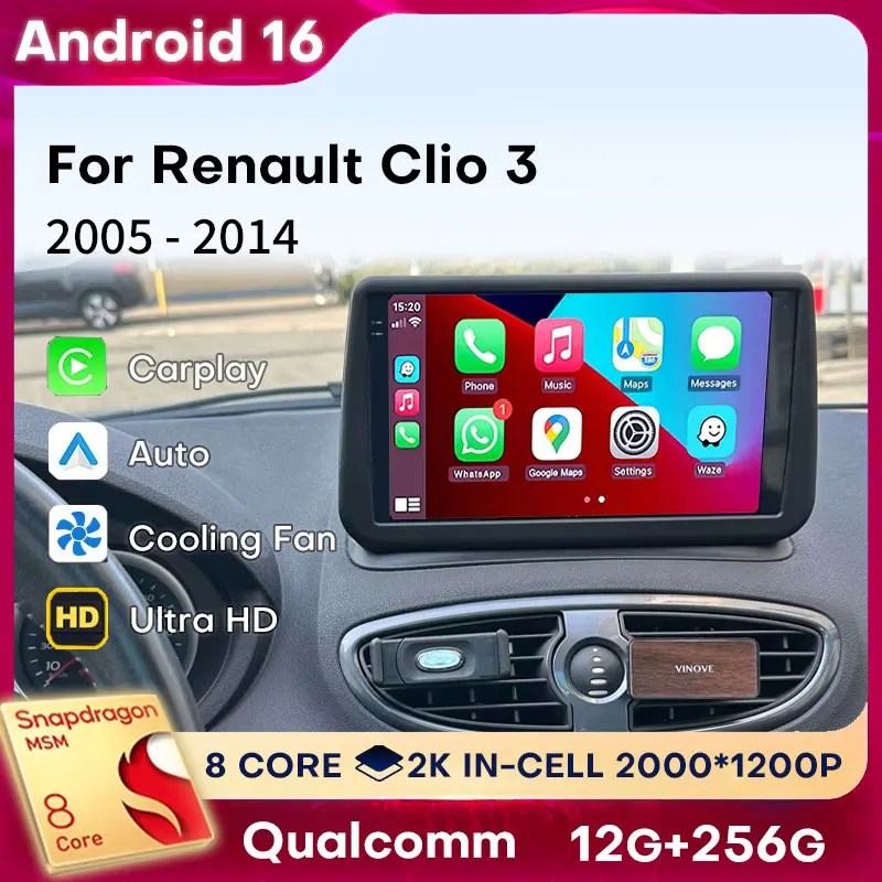 Android 16 Carplay For Renault Clio 3 2005 2006 2007-2014 Car Radio BT Video DSP Navigation Head Unit 360 Camera Stereo GPS WIFI