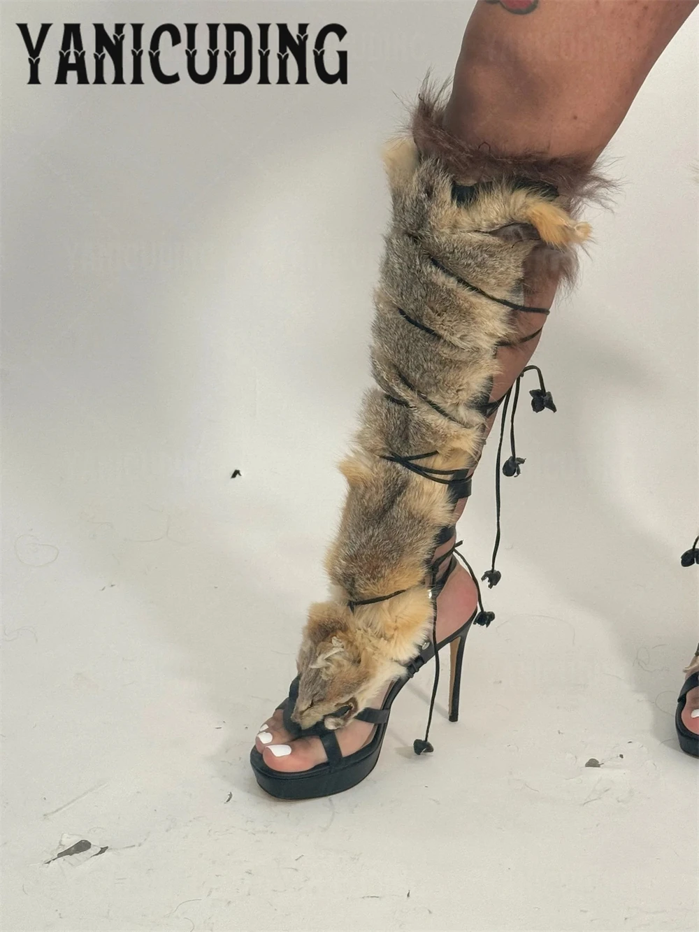 Black Leather Sandal Fur Wrap Summer Boots Luxurious Style Brown Genuine Fur Sandal Boots Sexy Platform Stiletto Boots for Women