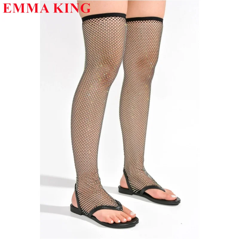Women Flip Flops Sexy Fishnet Mesh Rhinestone Sandals Fashion Flat Gladiator Sandals Boots Ladies Slip-on Thigh High Boots 35-45