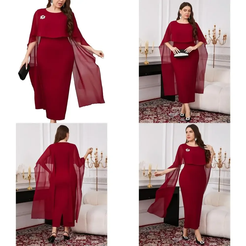 

Элегантное шифоновое платье-накидка макси для гостей свадьбы больших размеров, круглый вырез, стиль карандаш, облегающий крой, коктейльная длина, без бро