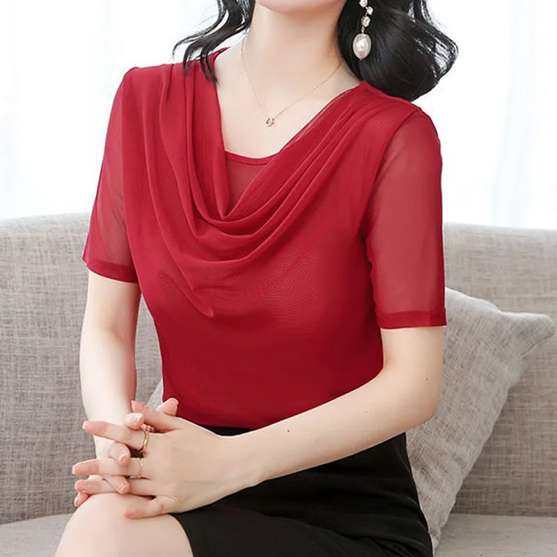 Sexy Slim Gauze Spliced Solid Color T-shirt Summer Women's Clothing Simplicity Fashion Short Sleeve Pullovers Tops for Female