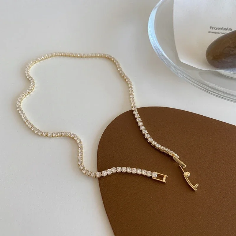 Sexy Sweet Romantic Crystal Shiny Gold Tennis Chains Choker Necklaces for Women Charm Delicate Jewelry Girls Fashion Wife Gift