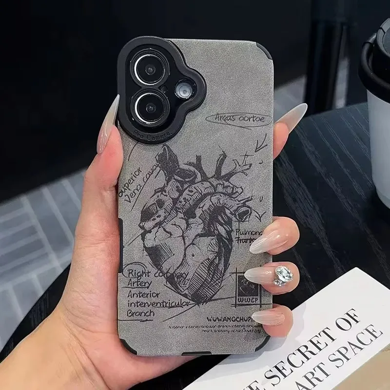 Funda de teléfono de silicona con forma de corazón de cuero gris mate suave para iPhone 15 14 16 Pro Max Plus 11 12 13 Mini X XS XR Funda trasera