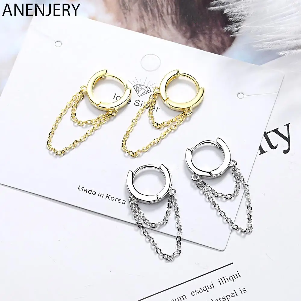 ANENJERY Double Layer Chain Tassel Hoop Earring for Women Punk Style Jewelry Best Friends Gift