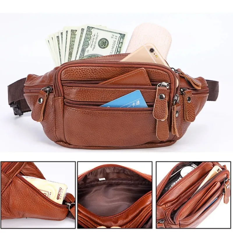 Fashion Men Genuine Leather Fanny Bag for Phone Pouch Male Leather Messenger Bags Brand Fanny Pack Male Travel Waist Bag Men